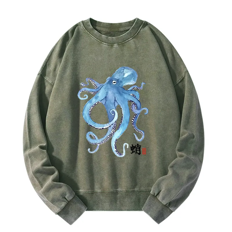 Tokyo-Tiger Watercolor Blue Octopus Washed Sweatshirt