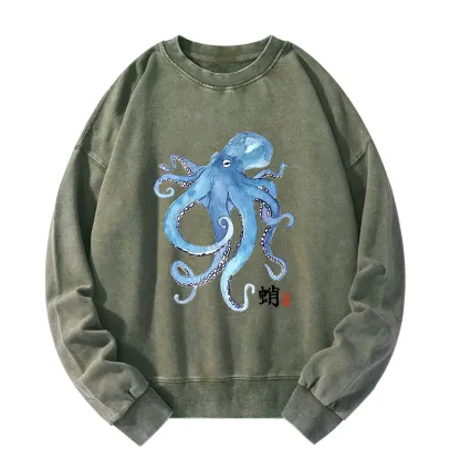 Tokyo-Tiger Watercolor Blue Octopus Washed Sweatshirt