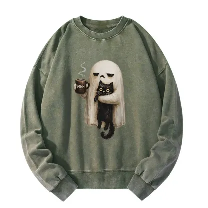 Tokyo-Tiger Ghost Cat Coffee Mood Washed Sweatshirt
