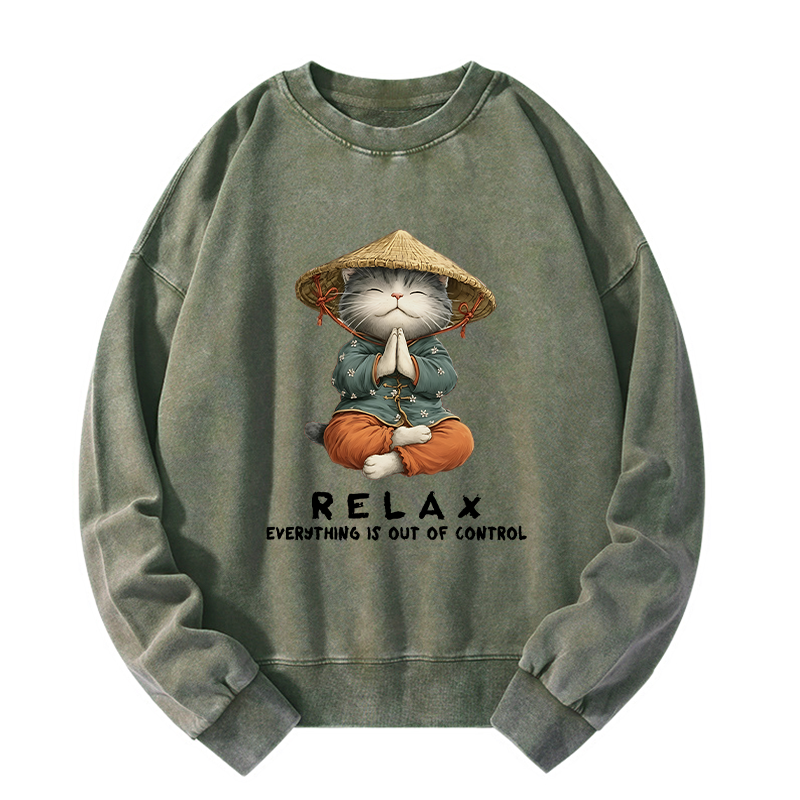 Tokyo-Tiger Zen Relax Cat Graphic Washed Sweatshirt