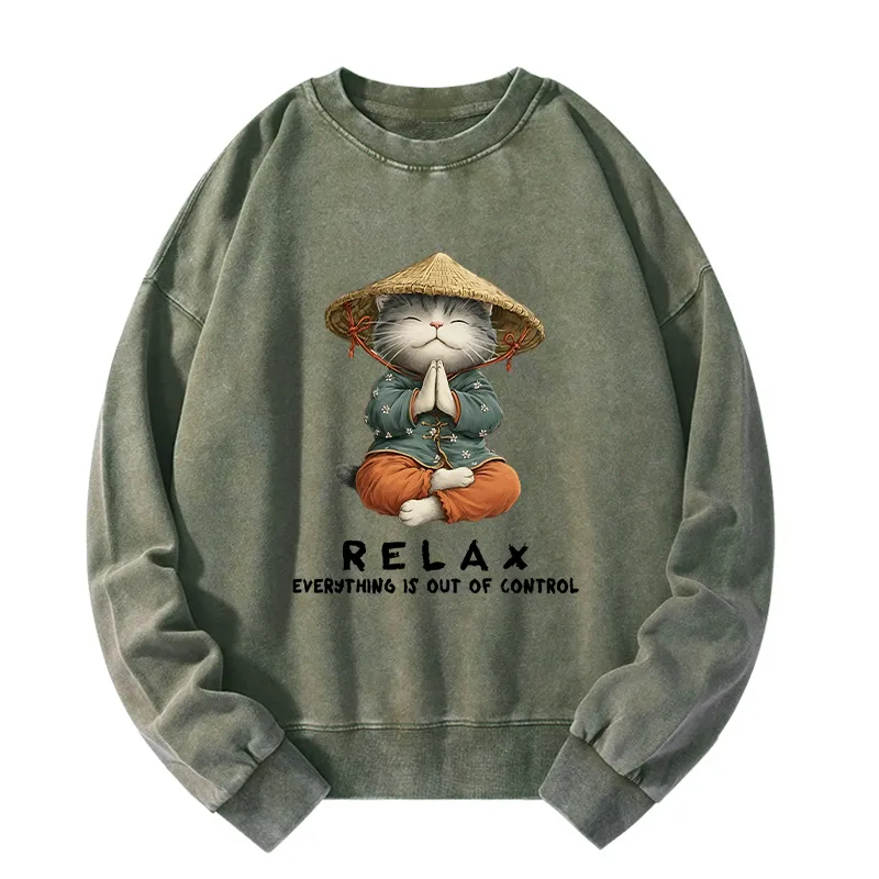 Tokyo-Tiger Zen Relax Cat Graphic Washed Sweatshirt