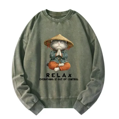 Tokyo-Tiger Zen Relax Cat Graphic Washed Sweatshirt