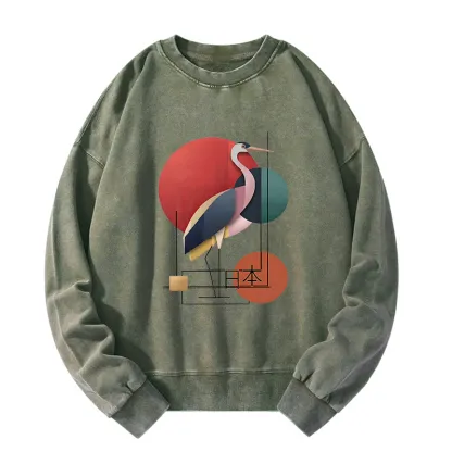 Tokyo-Tiger Geometric Crane Art Washed Sweatshirt