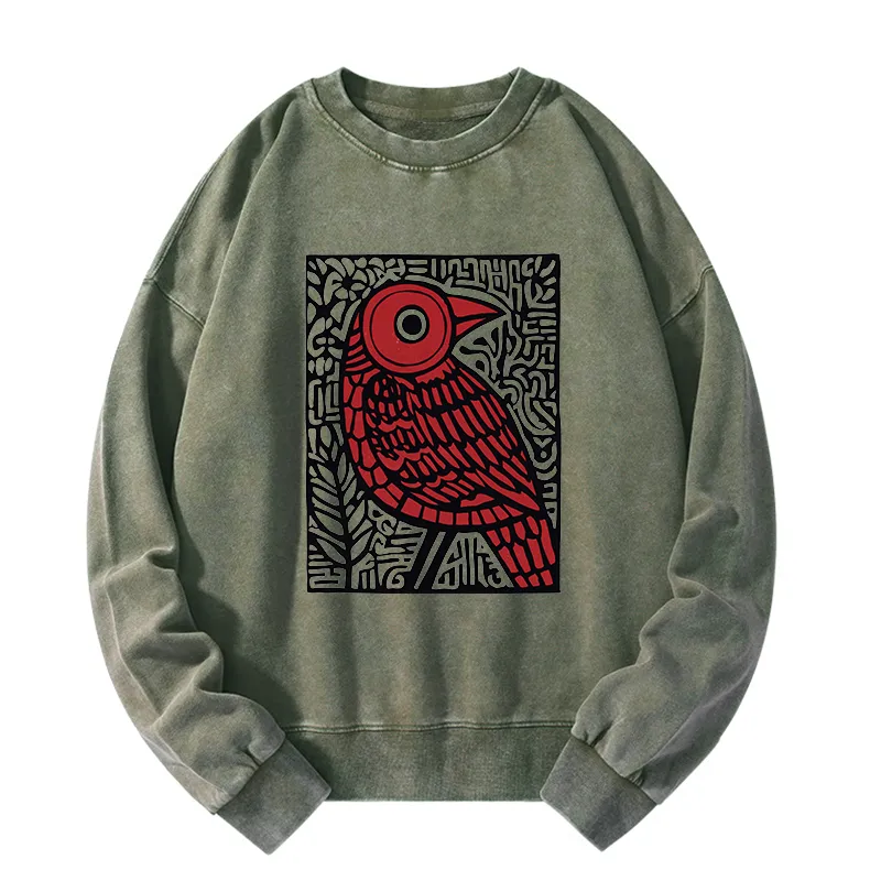 Tokyo-Tiger Retro Woodblock Bird Washed Sweatshirt