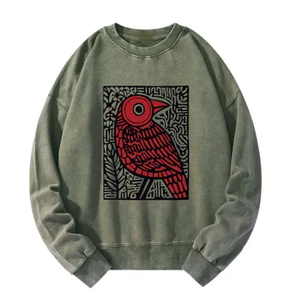 Tokyo-Tiger Retro Woodblock Bird Washed Sweatshirt