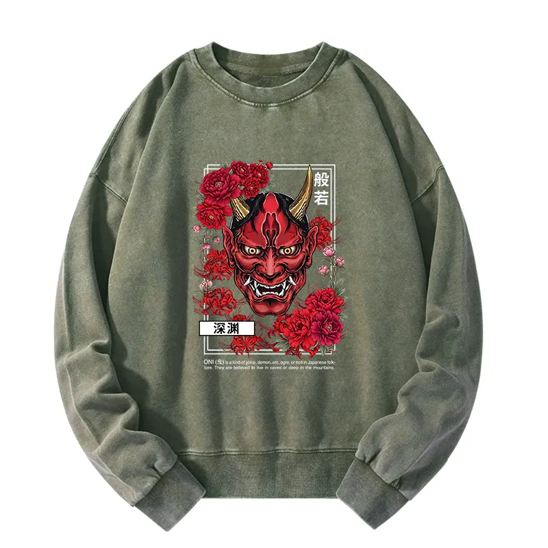 Tokyo-Tiger Cool Oni Floral Art Washed Sweatshirt