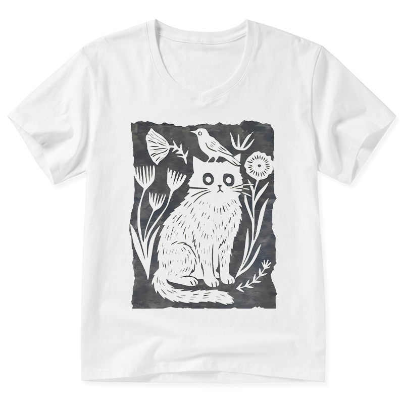 Tokyo-Tiger Folk Paper Cut Cat Bird Floral Art V-Neck Classic T-Shirt