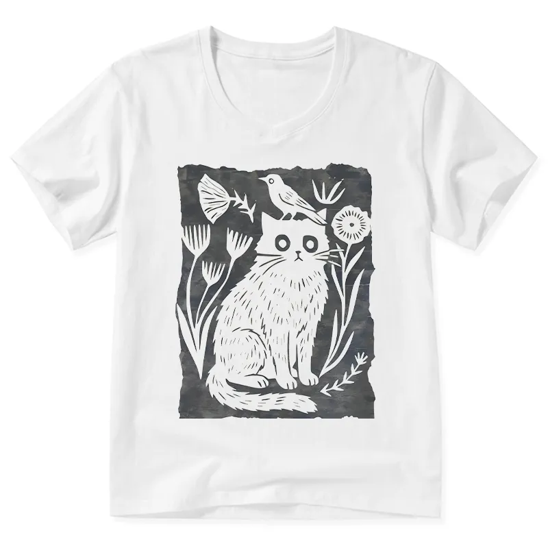 Tokyo-Tiger Folk Paper Cut Cat Bird Floral Art V-Neck Classic T-Shirt Sale