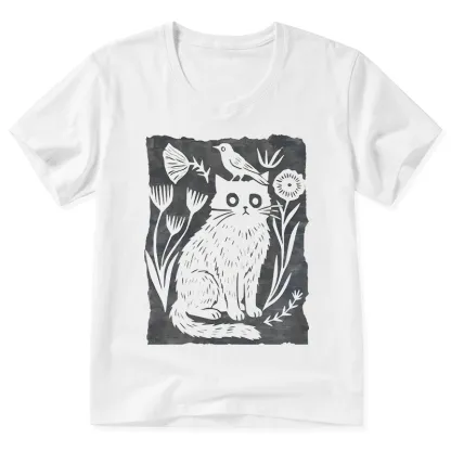 Tokyo-Tiger Folk Paper Cut Cat Bird Floral Art V-Neck Classic T-Shirt
