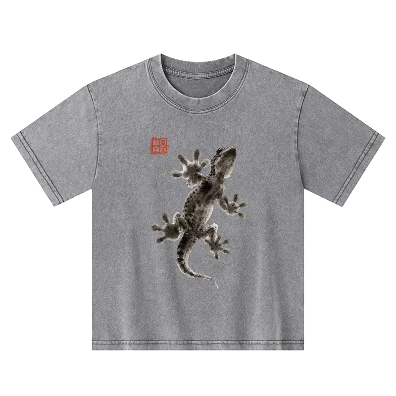Tokyo-Tiger Minimal Asian Ink Brush Gecko Vibe Kids Washed T-Shirt Sale