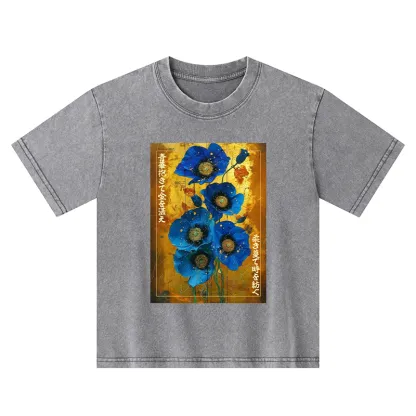 Tokyo-Tiger Shiny Blue Flower Warm Golden Background Kids Washed T-Shirt