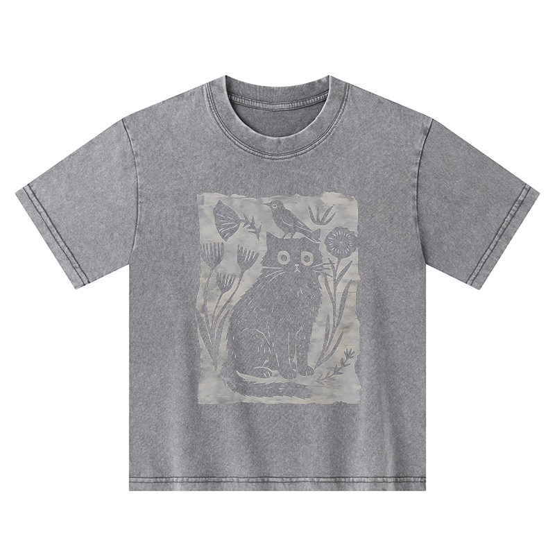 Tokyo-Tiger Folk Paper Cut Cat Bird Floral Art Kids Washed T-Shirt