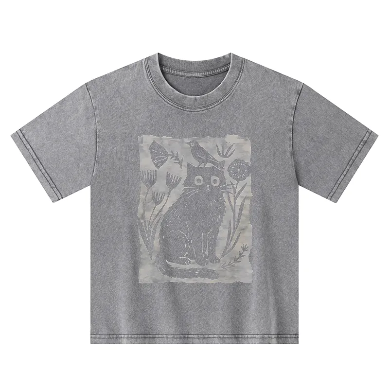 Tokyo-Tiger Folk Paper Cut Cat Bird Floral Art Kids Washed T-Shirt