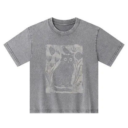 Tokyo-Tiger Folk Paper Cut Cat Bird Floral Art Kids Washed T-Shirt