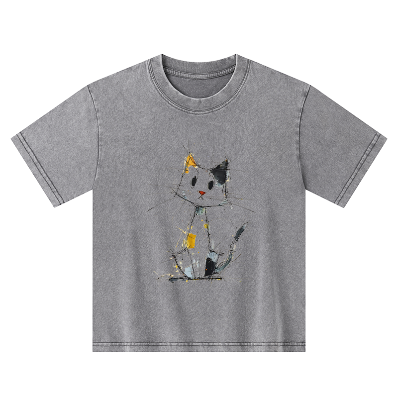 Tokyo-Tiger Minimal Splash Ink Cute Cat Kids Washed T-Shirt