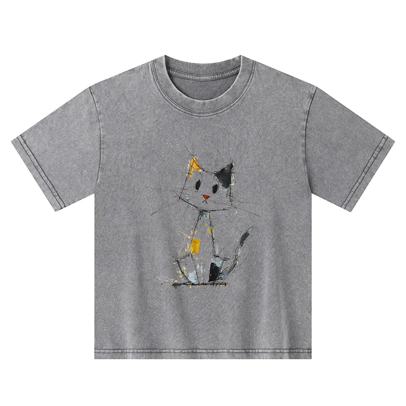 Tokyo-Tiger Minimal Splash Ink Cute Cat Kids Washed T-Shirt