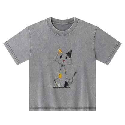 Tokyo-Tiger Minimal Splash Ink Cute Cat Kids Washed T-Shirt