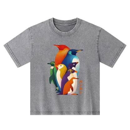 Tokyo-Tiger Cute Multi Tone Penguins Kids Washed T-Shirt