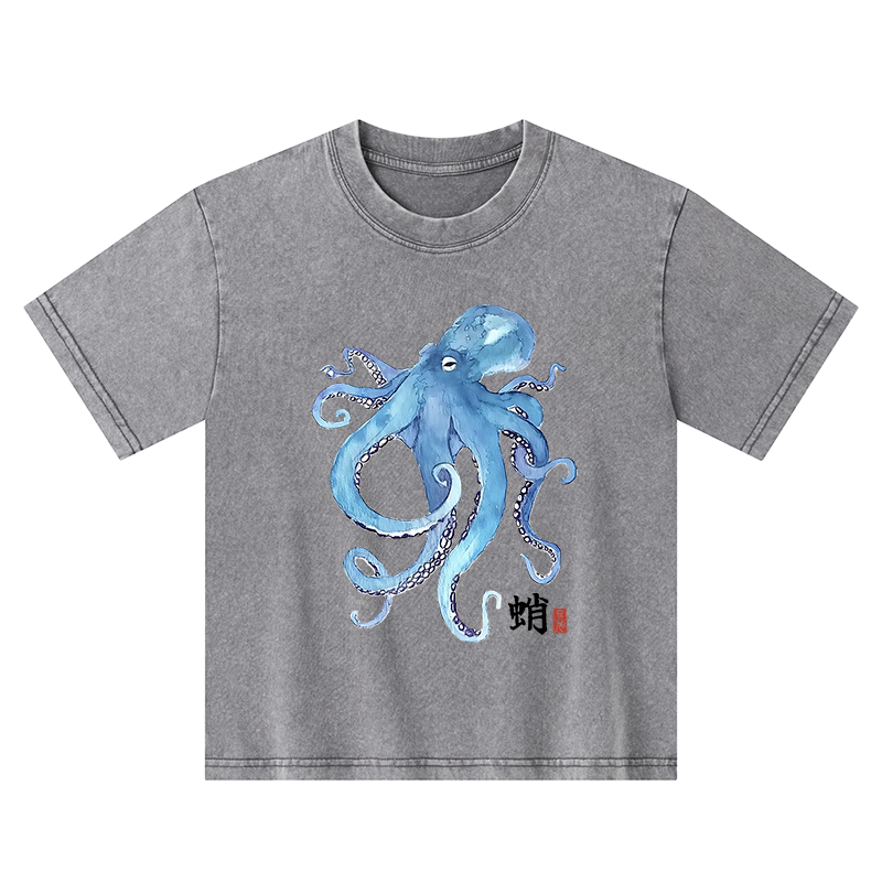 Tokyo-Tiger Watercolor Blue Octopus Kids Washed T-Shirt