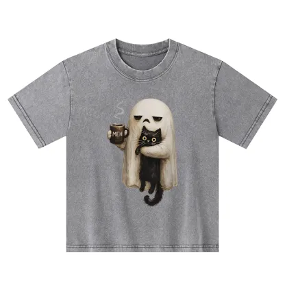 Tokyo-Tiger Ghost Cat Coffee Mood Kids Washed T-Shirt