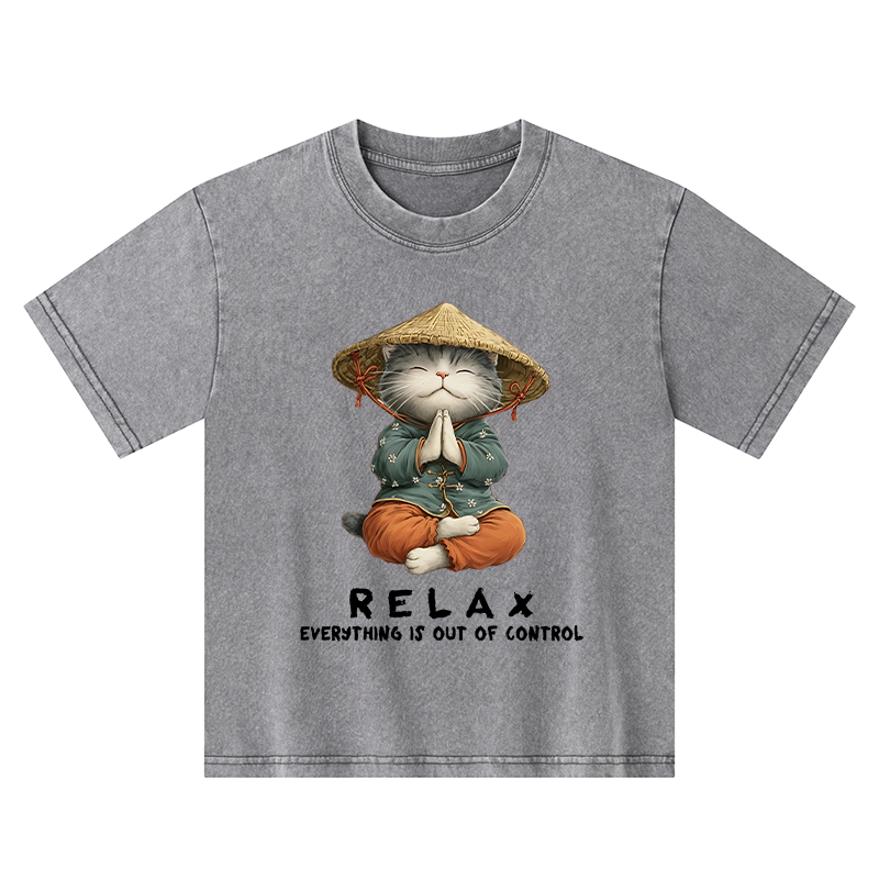 Tokyo-Tiger Zen Relax Cat Graphic Kids Washed T-Shirt