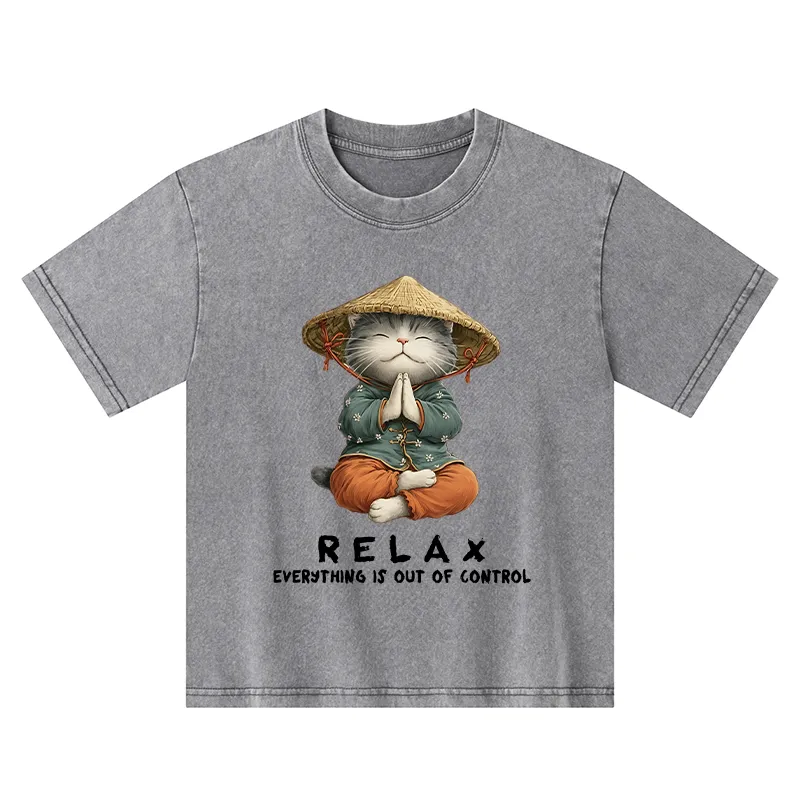 Tokyo-Tiger Zen Relax Cat Graphic Kids Washed T-Shirt