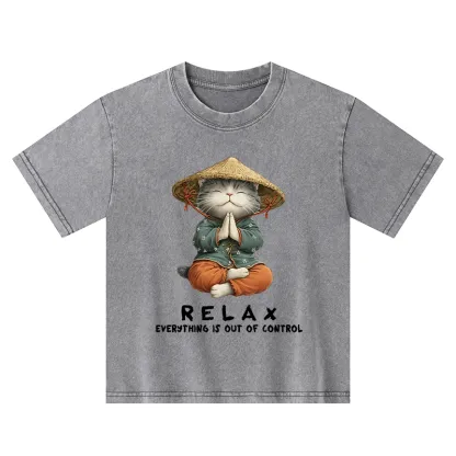 Tokyo-Tiger Zen Relax Cat Graphic Kids Washed T-Shirt