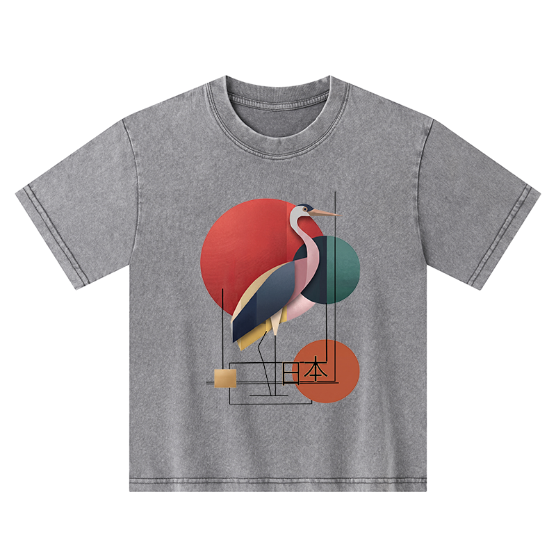 Tokyo-Tiger Geometric Crane Art Kids Washed T-Shirt