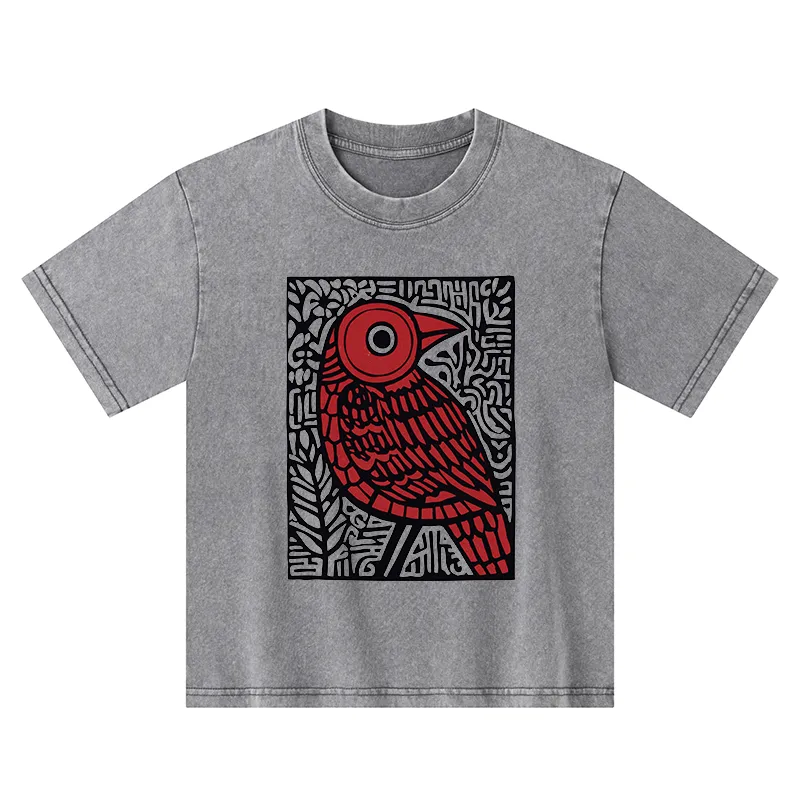 Tokyo-Tiger Retro Woodblock Bird Kids Washed T-Shirt