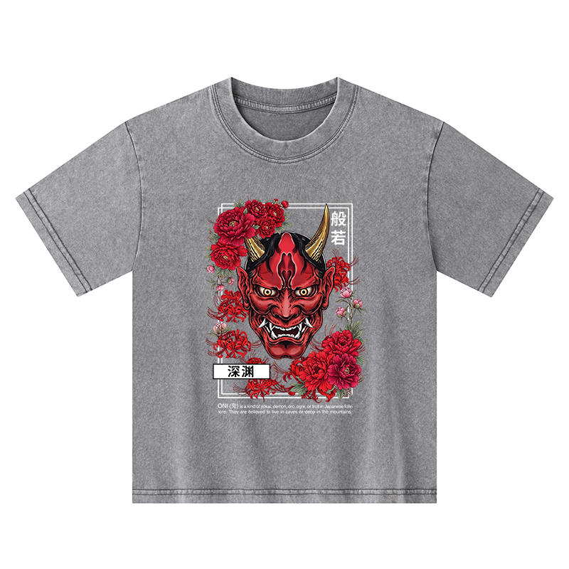 Tokyo-Tiger Cool Oni Floral Art Kids Washed T-Shirt