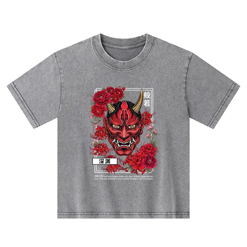 Tokyo-Tiger Cool Oni Floral Art Kids Washed T-Shirt