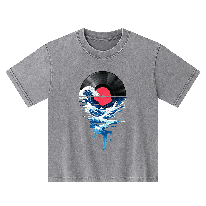 Tokyo-Tiger Vinyl Records And Waves Kids Washed T-Shirt