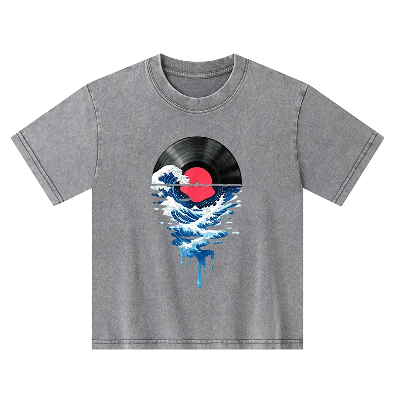Tokyo-Tiger Vinyl Records And Waves Kids Washed T-Shirt