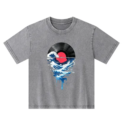 Tokyo-Tiger Vinyl Records And Waves Kids Washed T-Shirt