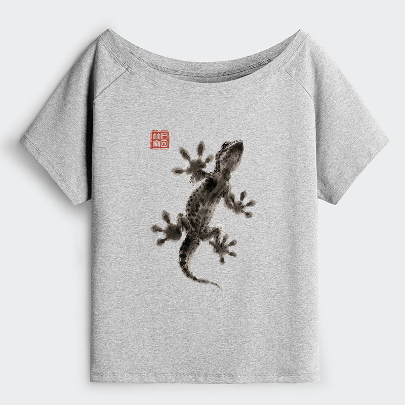 Tokyo-Tiger Minimal Asian Ink Brush Gecko Vibe Off Shoulder T-Shirt