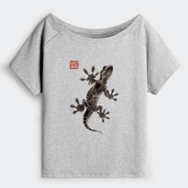 Tokyo-Tiger Minimal Asian Ink Brush Gecko Vibe Off Shoulder T-Shirt Sale