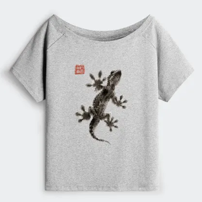 Tokyo-Tiger Minimal Asian Ink Brush Gecko Vibe Off Shoulder T-Shirt