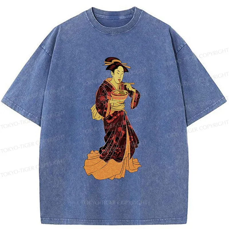 Tokyo-Tiger Geisha Eating Ramen Washed T-Shirt