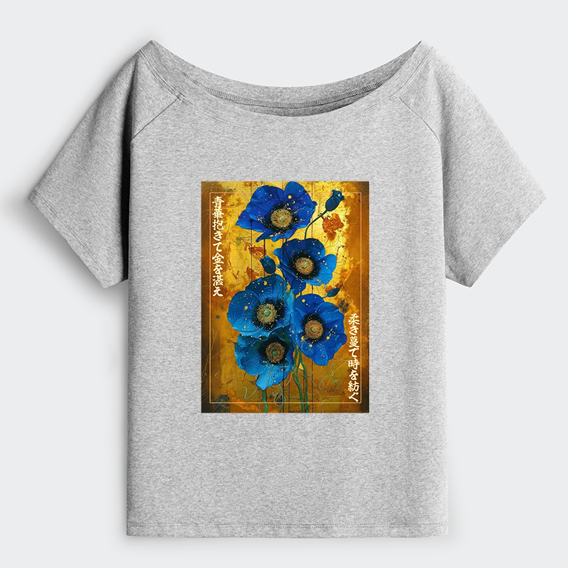 Tokyo-Tiger Shiny Blue Flower Warm Golden Background Off Shoulder T-Shirt