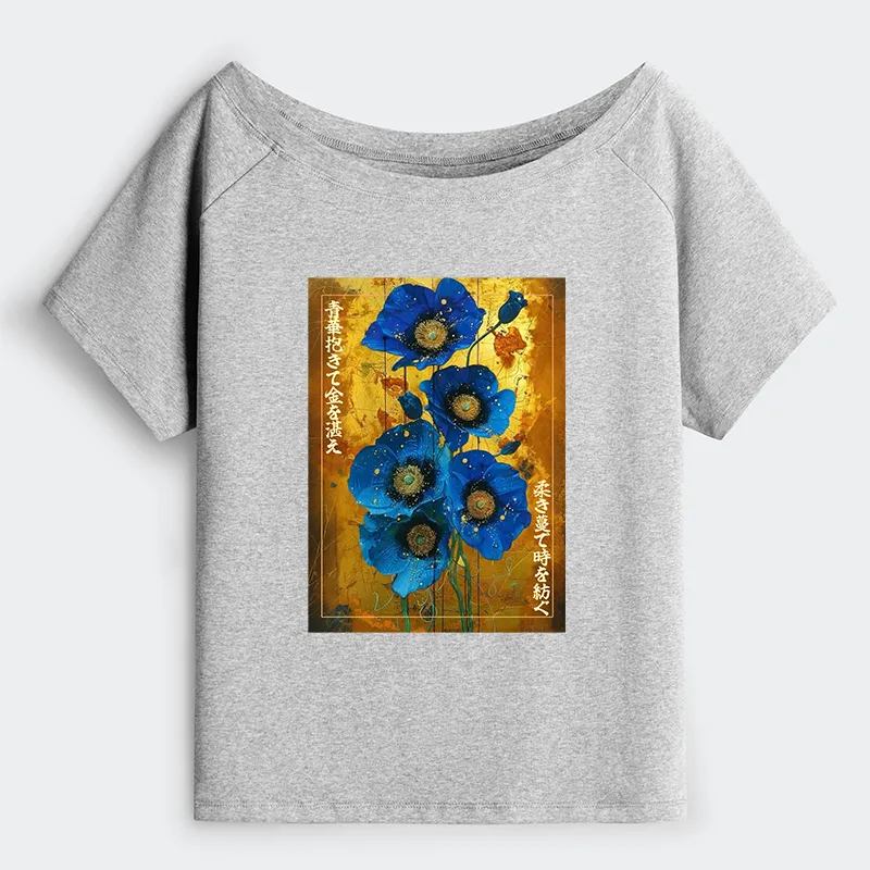 Tokyo-Tiger Shiny Blue Flower Warm Golden Background Off Shoulder T-Shirt