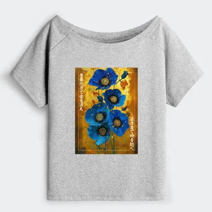 Tokyo-Tiger Shiny Blue Flower Warm Golden Background Off Shoulder T-Shirt