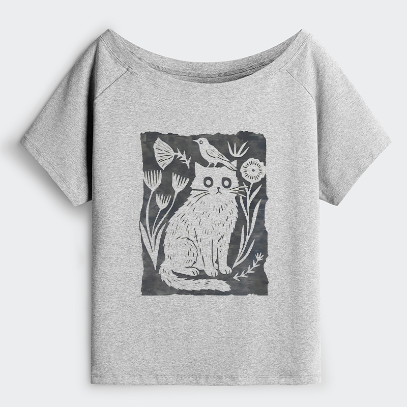 Tokyo-Tiger Folk Paper Cut Cat Bird Floral Art Off Shoulder T-Shirt