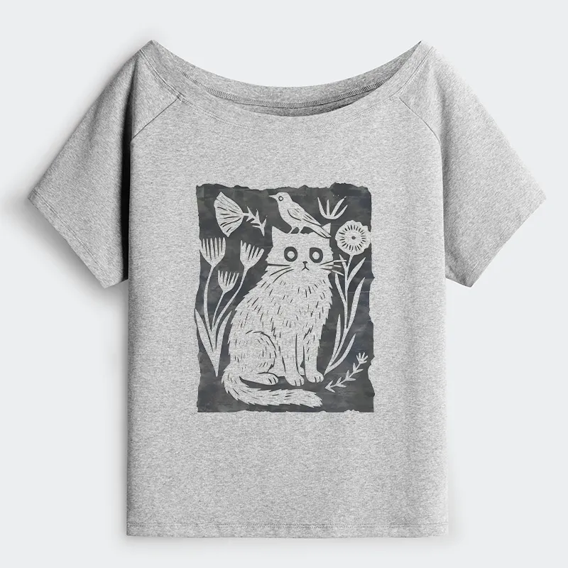 Tokyo-Tiger Folk Paper Cut Cat Bird Floral Art Off Shoulder T-Shirt