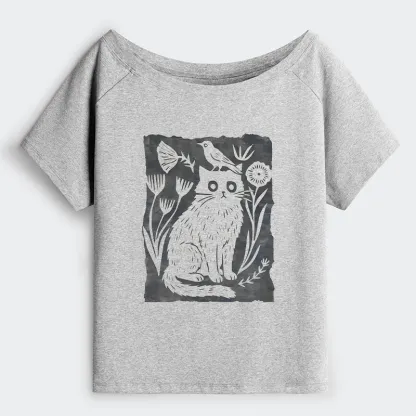 Tokyo-Tiger Folk Paper Cut Cat Bird Floral Art Off Shoulder T-Shirt