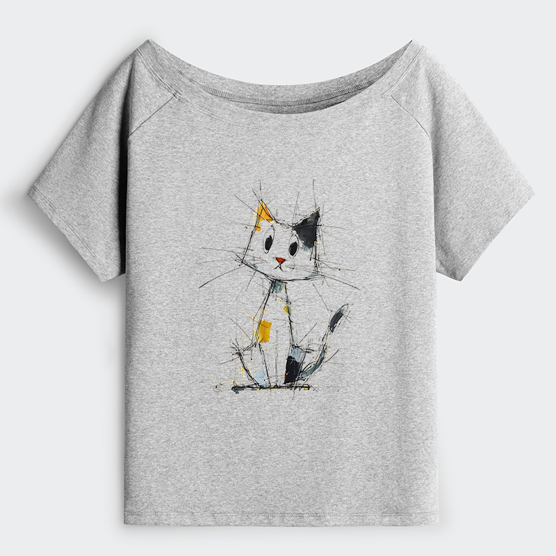 Tokyo-Tiger Minimal Splash Ink Cute Cat Off Shoulder T-Shirt