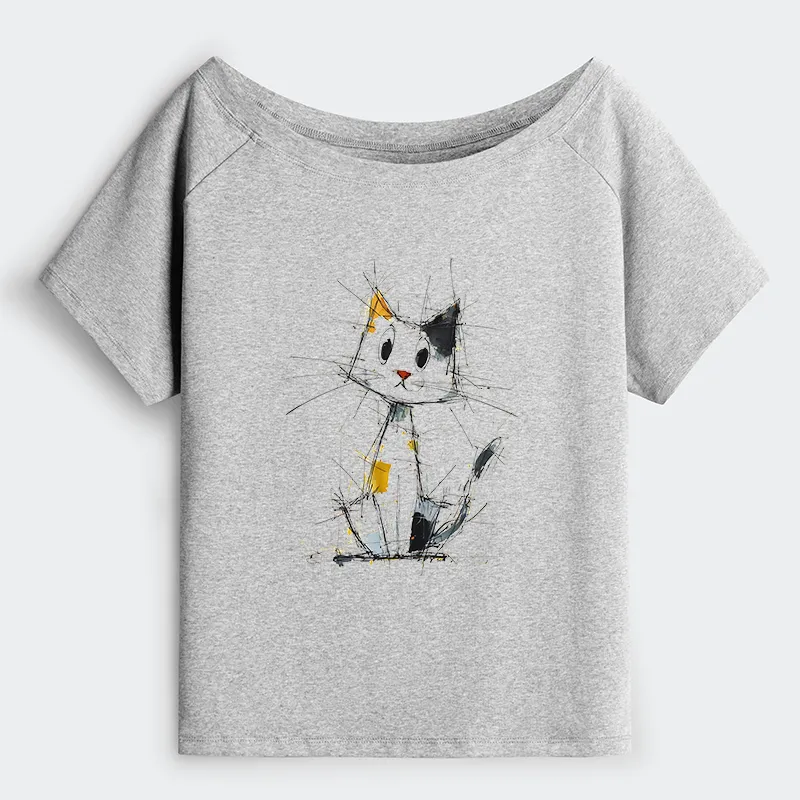 Tokyo-Tiger Minimal Splash Ink Cute Cat Off Shoulder T-Shirt
