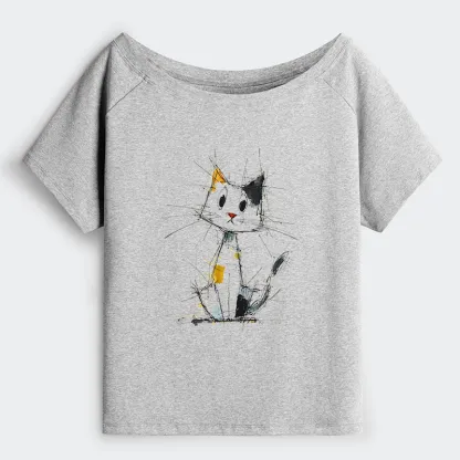 Tokyo-Tiger Minimal Splash Ink Cute Cat Off Shoulder T-Shirt