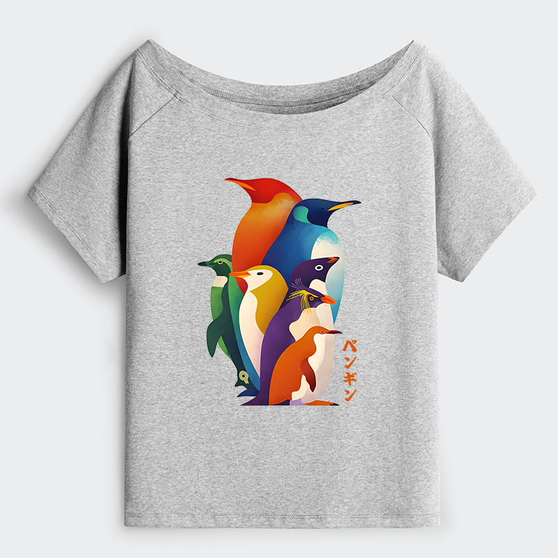 Tokyo-Tiger Cute Multi Tone Penguins Off Shoulder T-Shirt