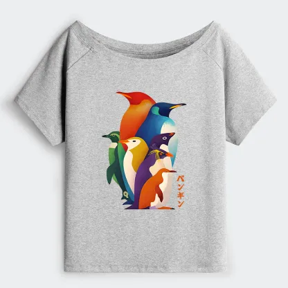 Tokyo-Tiger Cute Multi Tone Penguins Off Shoulder T-Shirt