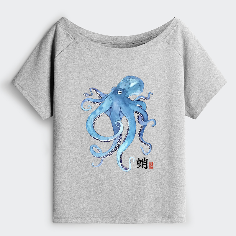 Tokyo-Tiger Watercolor Blue Octopus Off Shoulder T-Shirt